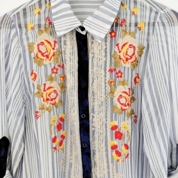 Andree by Unit Button Up Blouse Size Medium Blue Sheer Velvet Trim Embroidered - Picture 5 of 11